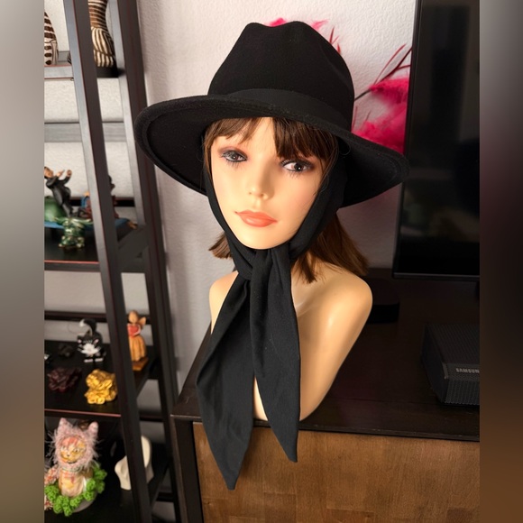Vintage Black Wool Fedora Hat with Scarf - Picture 2 of 8